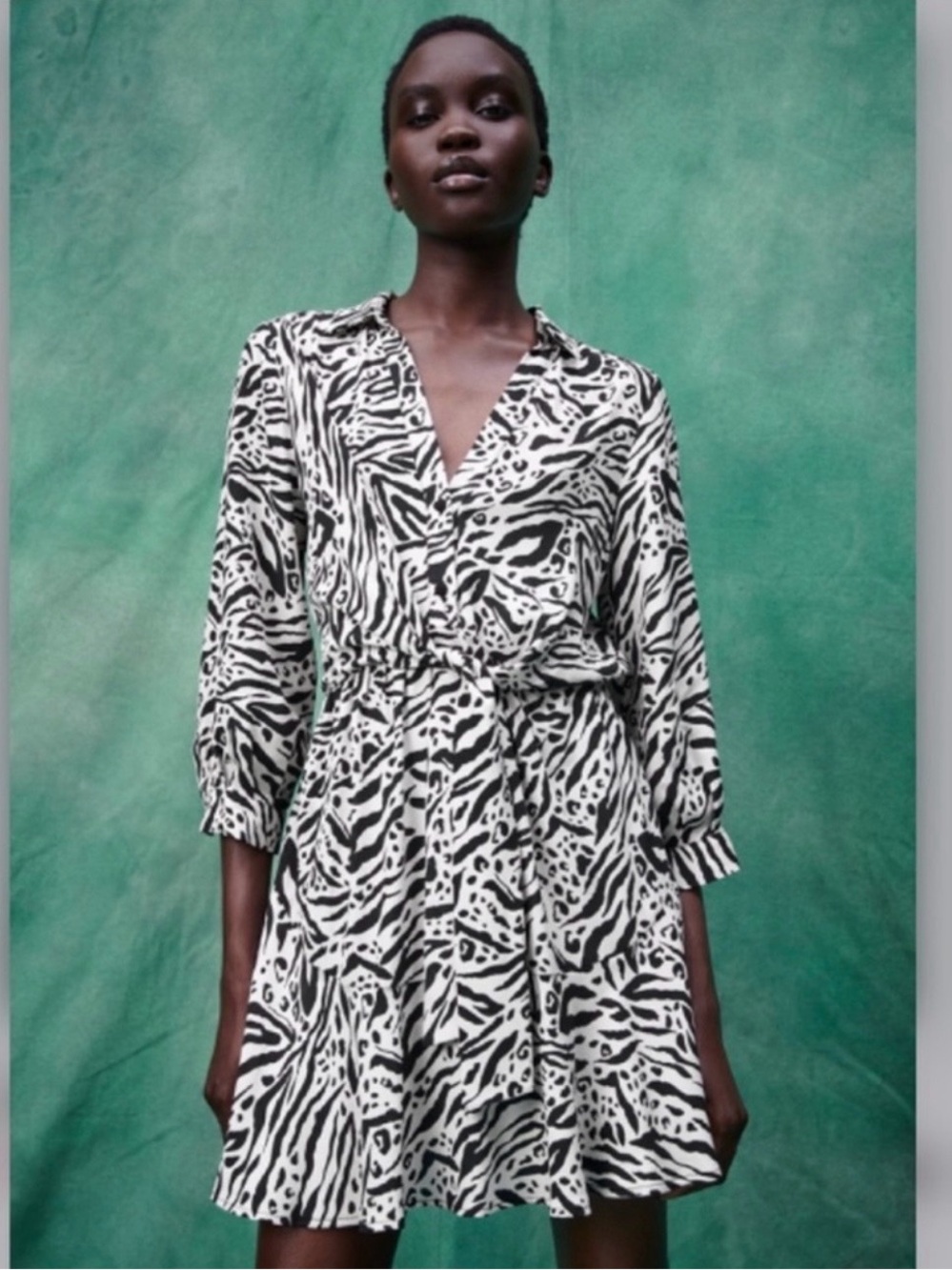 Zara Zebra Animal Print Collared V Neck 3/4 Sleeve Tie Ruffle Dress safari S
